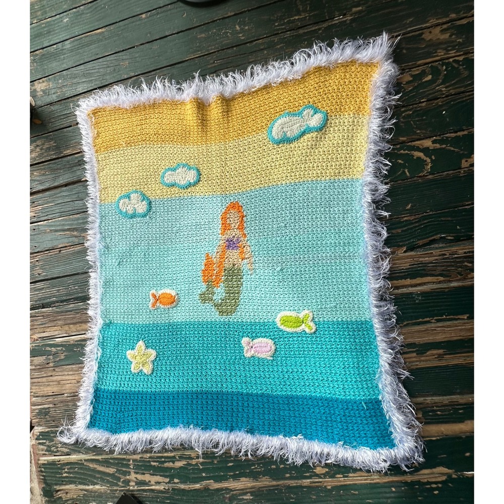 Handmade Crochet Mermaid Baby Blanket Undersea Ocean Theme Yellow Blue 30x36